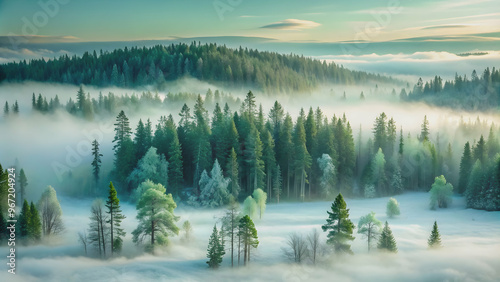 Green landscape of foggy forest on winter hill, frozen taiga with misty atmosphere , green, landscape, foggy, forest, winter