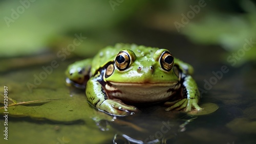 Close up of a green frog in the water