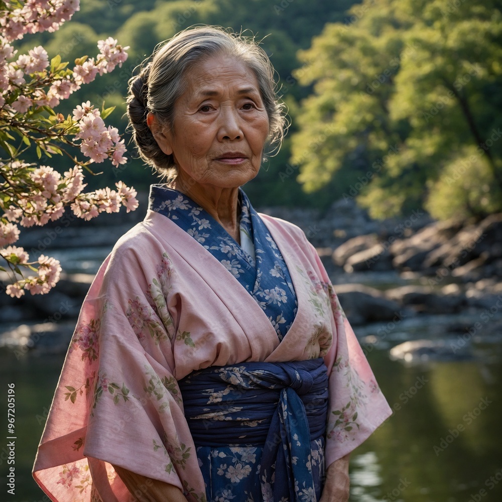 Elderly asian woman with gray hair wearing pink and blue kimono standing in front of river and cherry blossom trees Elderly asian woman with gray hair wearing pink and blue kimono standing in front of river and cherry blossom trees