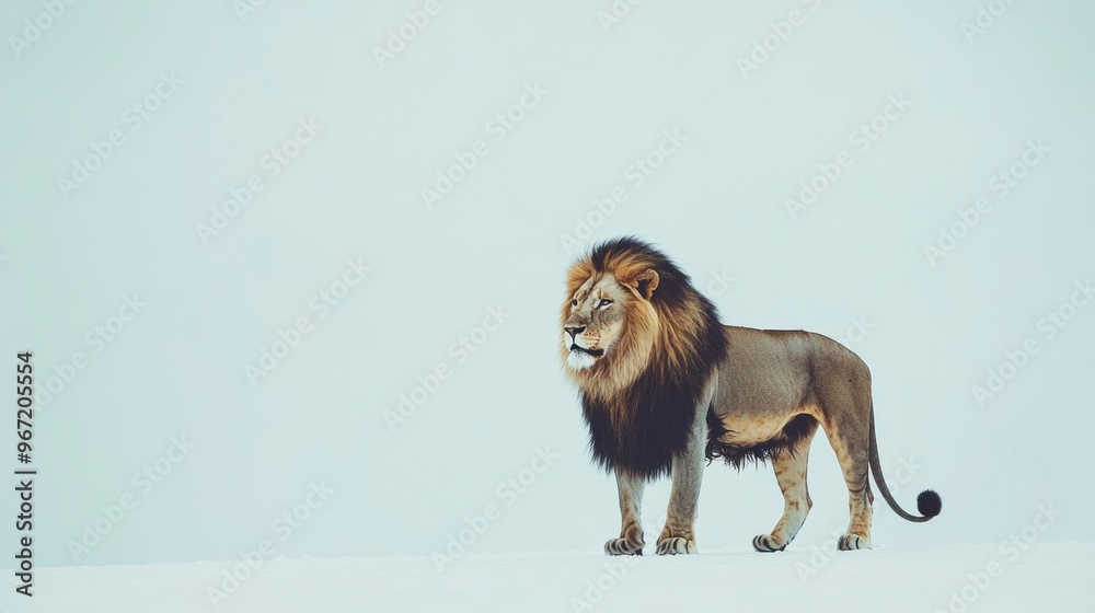 Obraz premium A Majestic Lion Stands in a Snowy Landscape