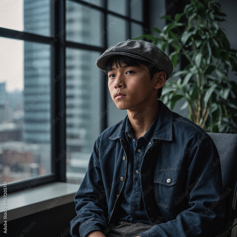 Middle-aged Asian man with short dark hair wearing denim jacket and cap, looking out window with cityscape in background Middle-aged Asian man with short dark hair wearing denim jacket and cap, looking out window with cityscape in background