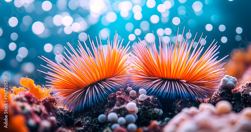 Two orange sea urchins with white tips are on a rocky reef. The image has a bright and lively mood, with the colorful sea creatures standing out against the rocky background photo