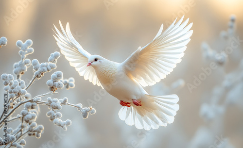 A white dove is flying in the air above a field of white flowers. Concept of peace and freedom, as the bird soars through the sky with its wings spread wide