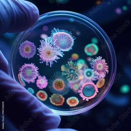 Gloved Hand Holding a Petri Dish with Bioluminescent Microorganisms photo