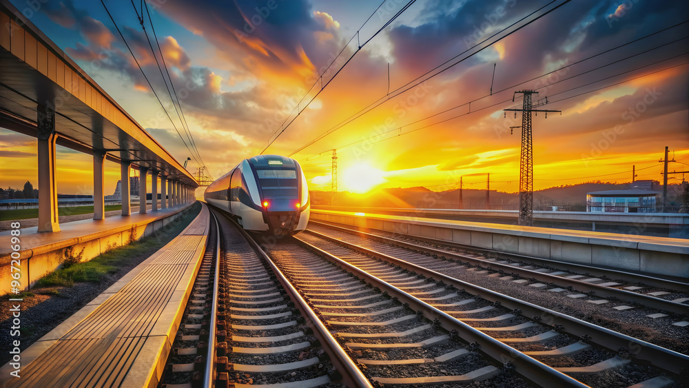 Fast train approaching station at sunset from driver's cabin , transportation, locomotive, railway, speed, arrival, journey Fast train approaching station at sunset from driver's cabin , transportation, locomotive, railway, speed, arrival, journey
