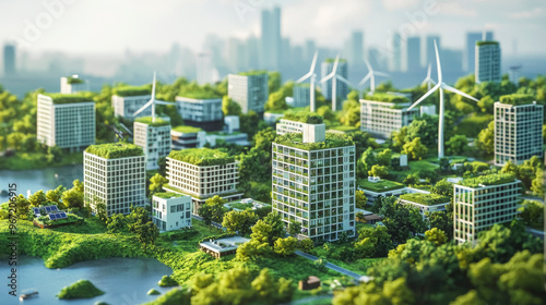 Sustainable urban landscape featuring wind turbines and greenery on buildings under a blue sky #967206915