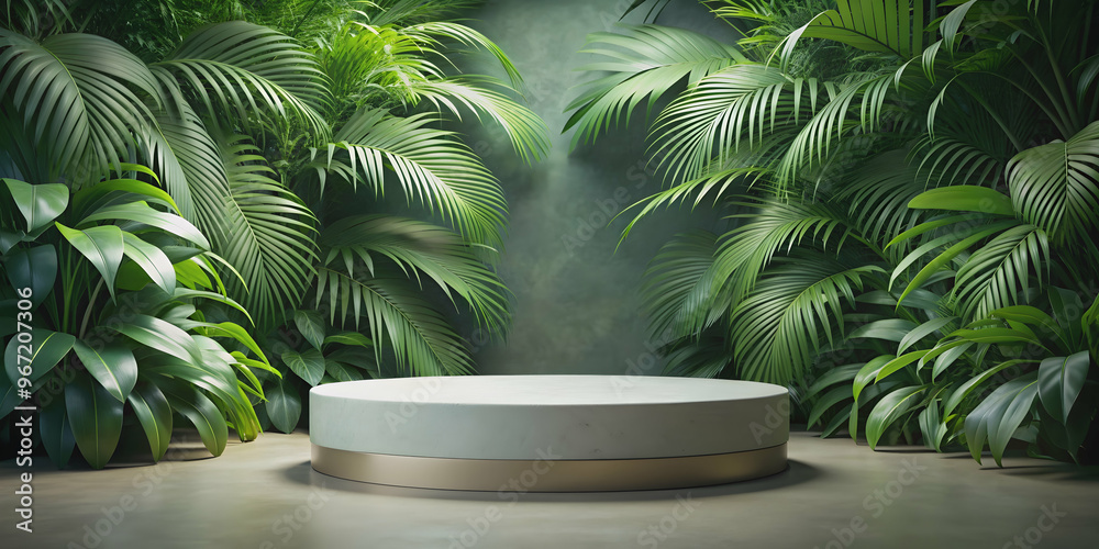 Obraz premium Circular podium with tropical green leaves backdrop for product display, podium, circular, tropical