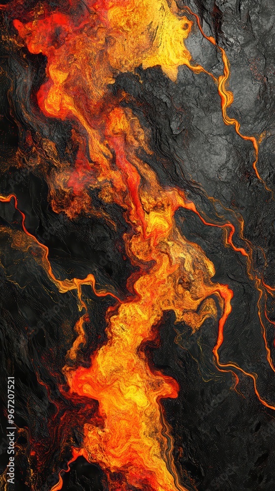 A vivid pattern features vibrant orange and yellow hues combined with dark textures, creating an illusion of molten flow and movement A vivid pattern features vibrant orange and yellow hues combined with dark textures, creating an illusion of molten flow and movement