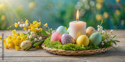 Easter eggs and candles arrangement for festive decor , Easter, eggs, candles, colorful, celebration, decoration, holiday, spring