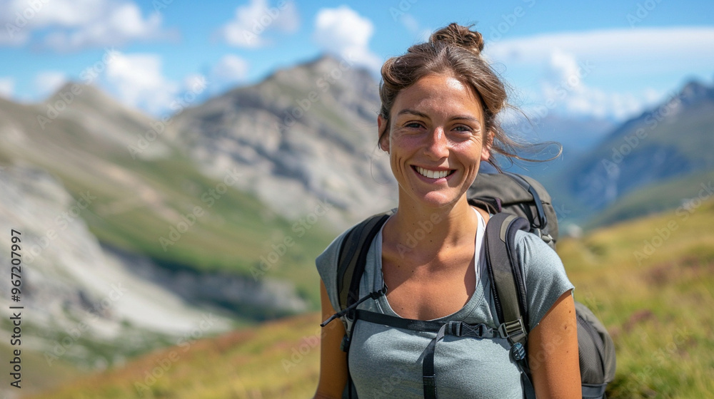 A woman with a big smile, standing on a mountain trail, enjoying the fresh air and scenic view behind her. A woman with a big smile, standing on a mountain trail, enjoying the fresh air and scenic view behind her.