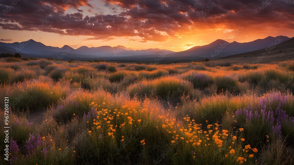 A field of flowers with a beautiful sunset in the background