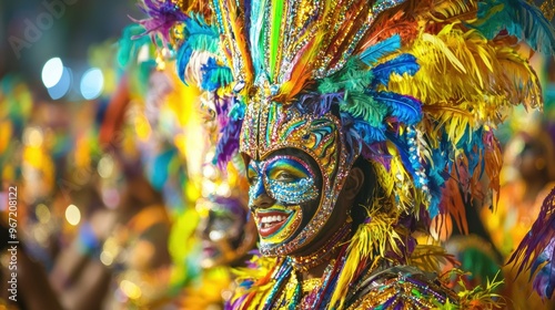 Vibrant and Colorful Carnival with Elaborate Costumes and Feathered Headdresses