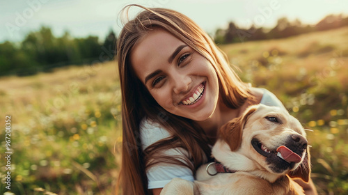 A woman smiling happily as she holds her dog in her arms while standing in a green, open field on a sunny day. photo