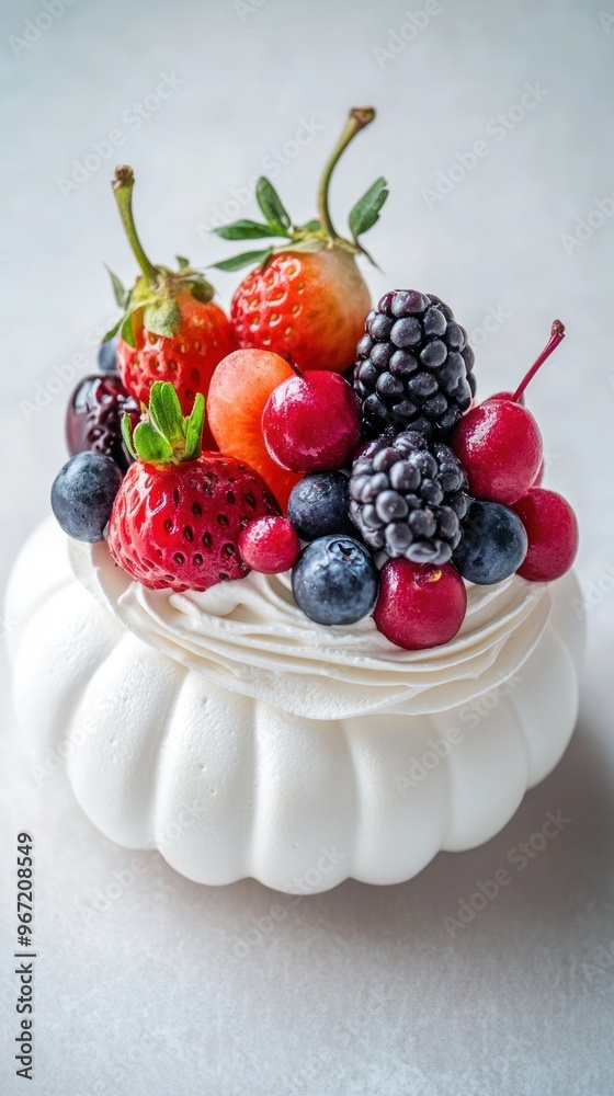 A white meringue dessert topped with fresh strawberries, blueberries, raspberries, blackberries, and cherries. A white meringue dessert topped with fresh strawberries, blueberries, raspberries, blackberries, and cherries.