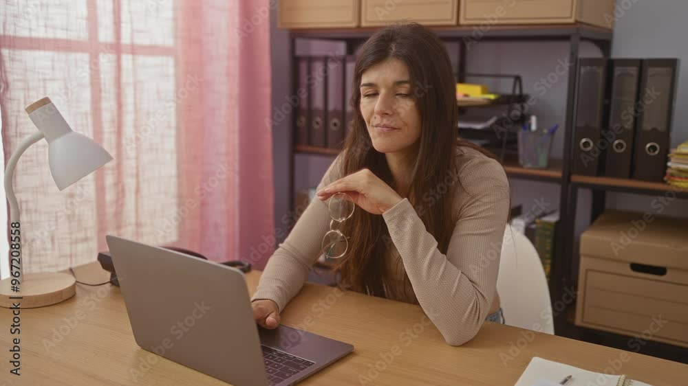 A young hispanic woman working in a home office, holding glasses in hand, with a laptop and a desk lamp in front of her, surrounded by shelves and files in an organized setting. A young hispanic woman working in a home office, holding glasses in hand, with a laptop and a desk lamp in front of her, surrounded by shelves and files in an organized setting.