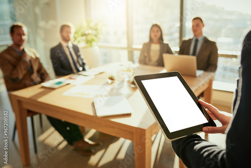 Billede på lærred Business person, meeting and mockup with tablet screen for presentation, data or company review at office