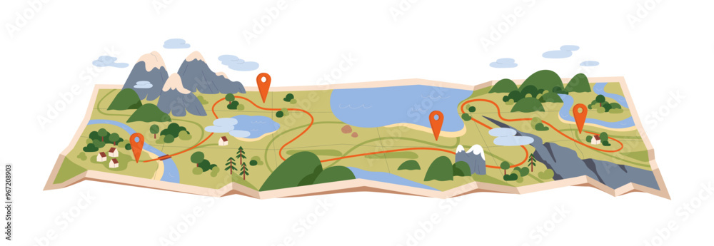 Trip route on paper map. Travel road, journey path, hiking trekking way with pin pointers, nature positions, locations, place of destinations. Flat vector illustration isolated on white background