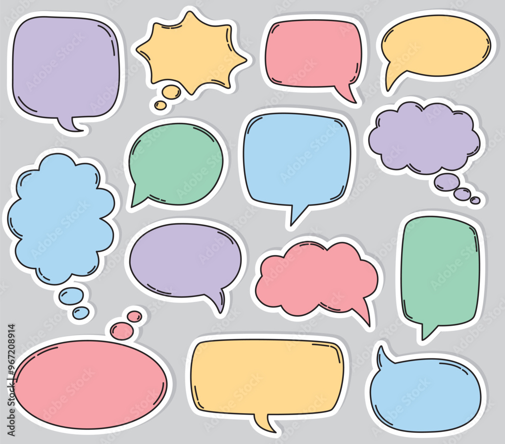 Set of cute stickers with сolorful hand drawn empty speech bubbles. Vector flat illustration on gray isolated background Set of cute stickers with сolorful hand drawn empty speech bubbles. Vector flat illustration on gray isolated background