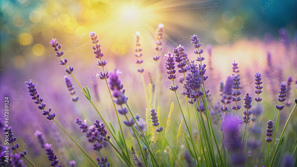 Naklejka premium Blurred summer background of wild grass and lavender flowers , nature, outdoors, botanical, meadow, vibrant, blooming