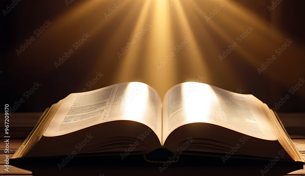 Fototapeta premium book corinthians open glowing bible set wood rays golden light emanating book