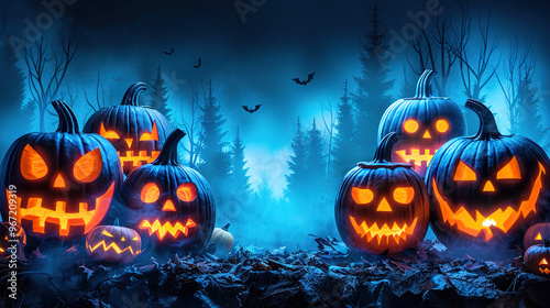Halloween greeting card, spooky pumpkin sitting on the forest floor