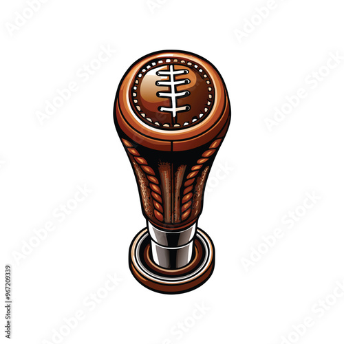 A brown leather gear shift knob shaped like an American football with white stitching.