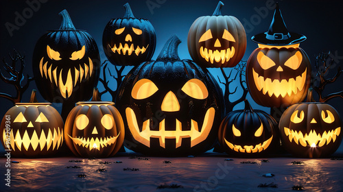 Halloween greeting card, spooky pumpkin sitting on the forest floor