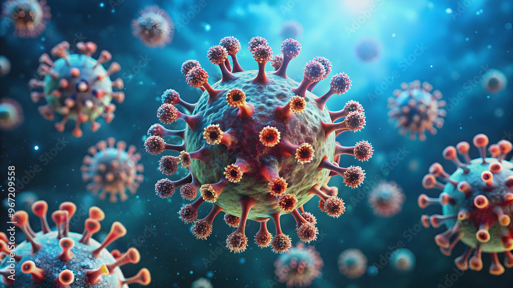 Close-up image of a microscopic virus , microbiology, contagious, disease, pandemic, cellular, health Close-up image of a microscopic virus , microbiology, contagious, disease, pandemic, cellular, health