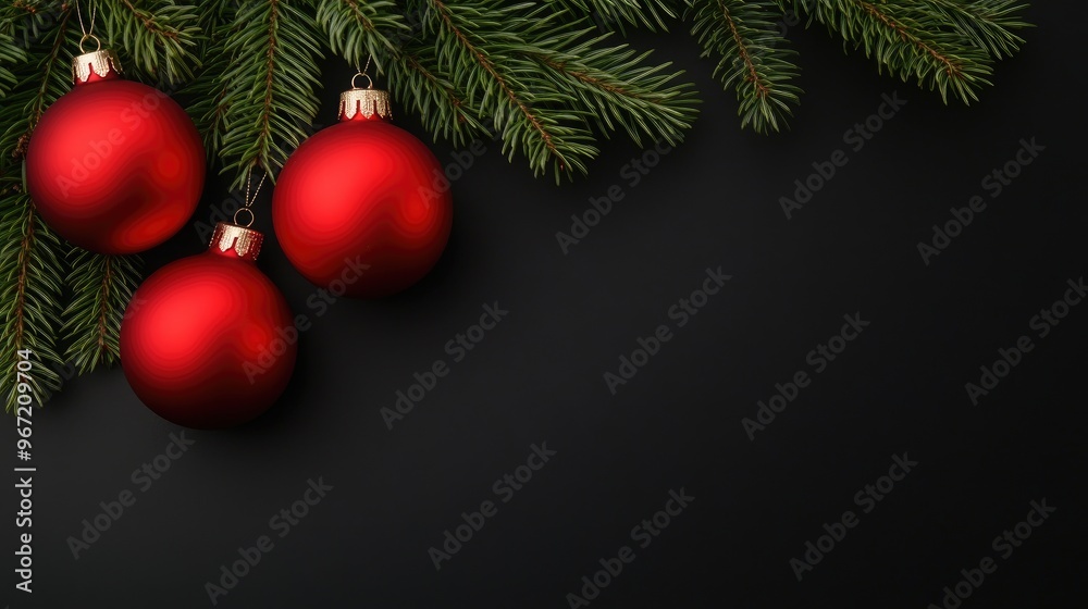 Elegant Christmas ornaments and lush pine branches create a festive flat lay configuration perfect for holiday card design Elegant Christmas ornaments and lush pine branches create a festive flat lay configuration perfect for holiday card design