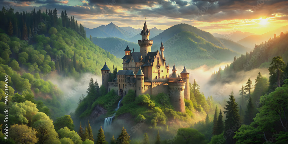 Fototapeta premium Enchanted castle nestled in a lush green forest , majestic, fairytale, palace, fantasy, magical, dreamy, mystical