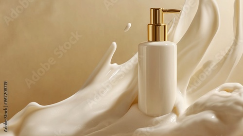 A sleek white pump bottle of moisturizer surrounded by splashes of cream against a soft beige background