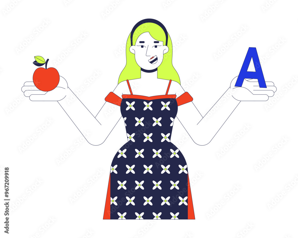 Blonde female teacher primary school 2D cartoon character. Kindergarten tutor in floral dress isolated person flat vector on white background. Woman holding apple, a letter. Spot illustration colorful