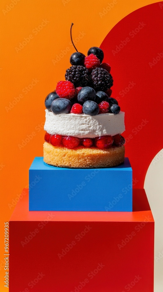 A close-up of a single-serving berry cake with whipped cream on a blue and red platform, against a colorful background. A close-up of a single-serving berry cake with whipped cream on a blue and red platform, against a colorful background.