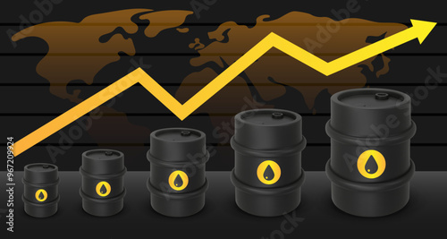 Graph with black round metal drum. 3D rendering. Vector illustration isolated on white. Barrel of chemical liquids, gases, oils. Oil Industry, Petrol Sign, rising oil prices