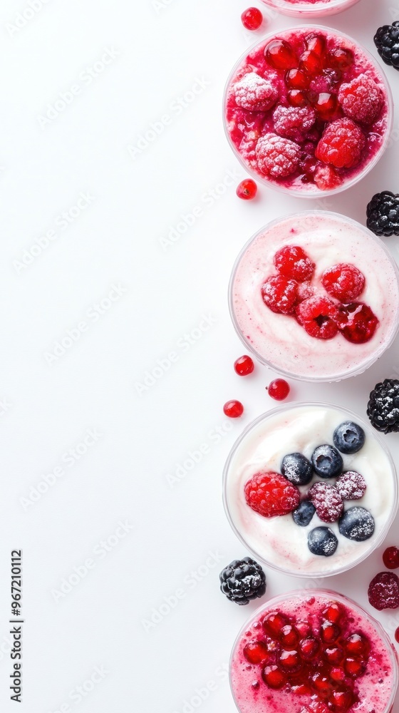 Four glasses of yogurt with various berries on white background, with copy space on the left. Four glasses of yogurt with various berries on white background, with copy space on the left.