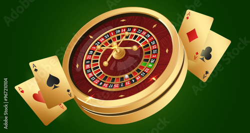 Golden casino roulette wheel with wood desk and cells, and golden playing cards on green. Concept for casino design. Vector illustration for card, flyer, poster, article, banner, web, advertising