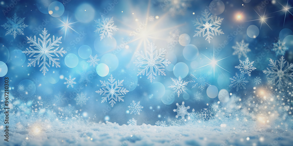 Winter scene of snowflakes falling with sparkling ice and bokeh light particles on a dreamy blue background, Winter Winter scene of snowflakes falling with sparkling ice and bokeh light particles on a dreamy blue background, Winter