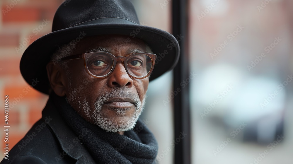 A man wearing a black hat and glasses is looking out the window. He is in a contemplative mood A man wearing a black hat and glasses is looking out the window. He is in a contemplative mood