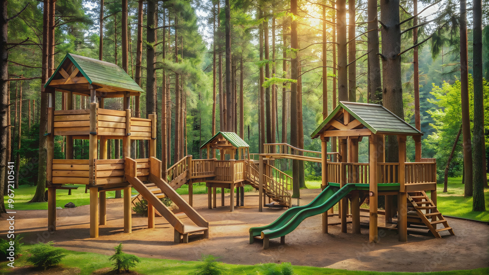 Wooden playground nestled in a lush green forest , nature, outdoor, playtime, kids, recreation, adventure, forest, park Wooden playground nestled in a lush green forest , nature, outdoor, playtime, kids, recreation, adventure, forest, park