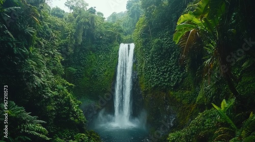 Mesmerizing Waterfall Cascading Amidst Lush Tropical Jungle Landscape