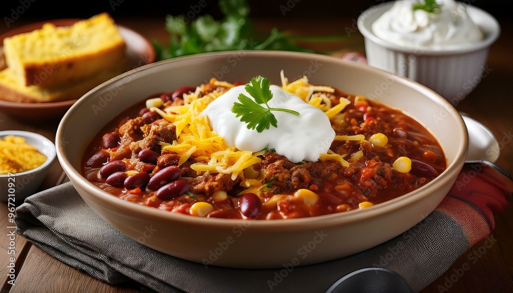 A steaming bowl of chili filled with ground beef, beans, tomatoes, and spices, topped with a sprinkle of cheese, creating a warm and hearty meal. A steaming bowl of chili filled with ground beef, beans, tomatoes, and spices, topped with a sprinkle of cheese, creating a warm and hearty meal.