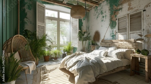 Rustic Chic: Boho Farmhouse Bedroom in White and Green Tones with Double Bed, Hanging Chair, and Potted Plants photo