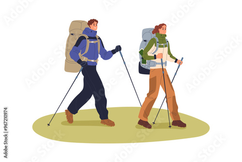 Hikers in adventure. Tourists couple hiking with trekking poles and backpacks. Backpacker, man and woman walking, going. Active journey, travel. Flat vector illustration isolated on white background