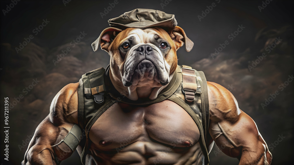 Strong and muscular military bulldog in combat gear, bulldog, military, soldier, camouflage, army, canine, animal, tough, strong