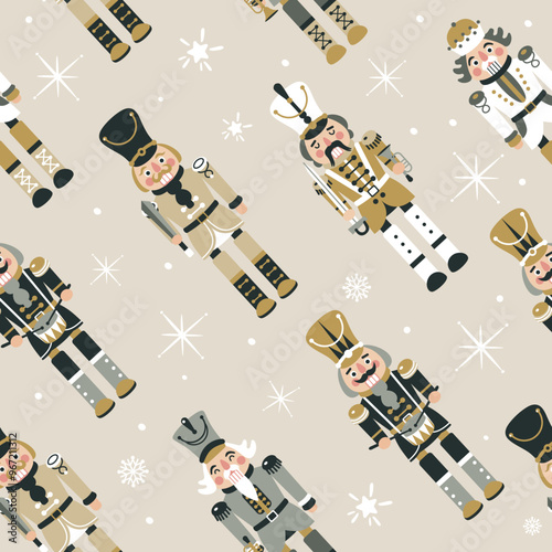 Seamless Christmas Pattern with Nutcrackers in Vector on beige.
