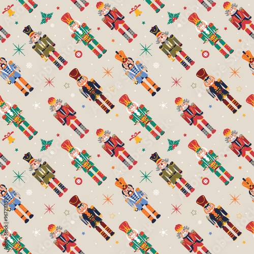 Seamless Christmas Pattern with Nutcrackers in Vector on beige.