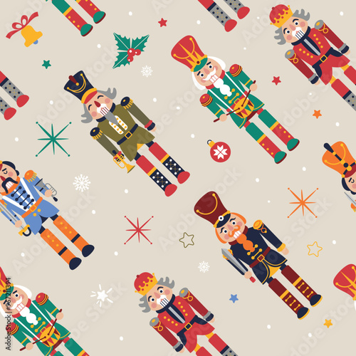 Seamless Christmas Pattern with Nutcrackers in Vector on beige.