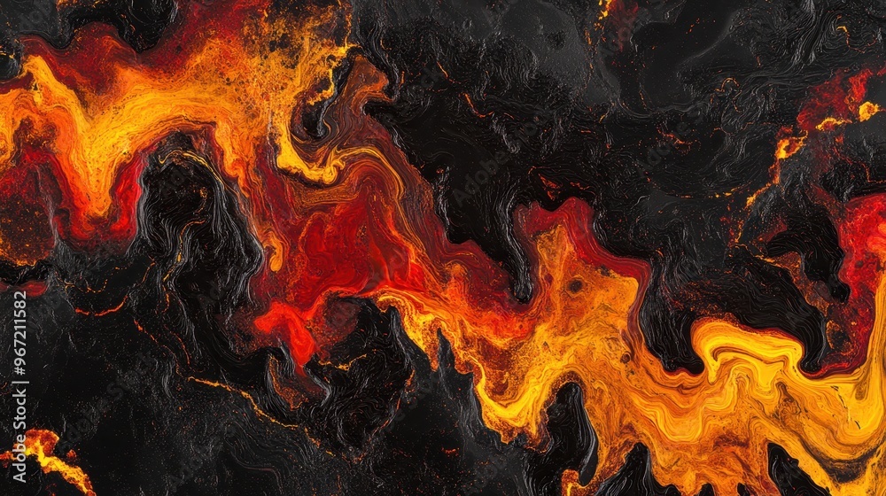 A vibrant swirl of fiery reds and oranges blend seamlessly with deep black, mimicking the flow of molten lava in an abstract formation A vibrant swirl of fiery reds and oranges blend seamlessly with deep black, mimicking the flow of molten lava in an abstract formation
