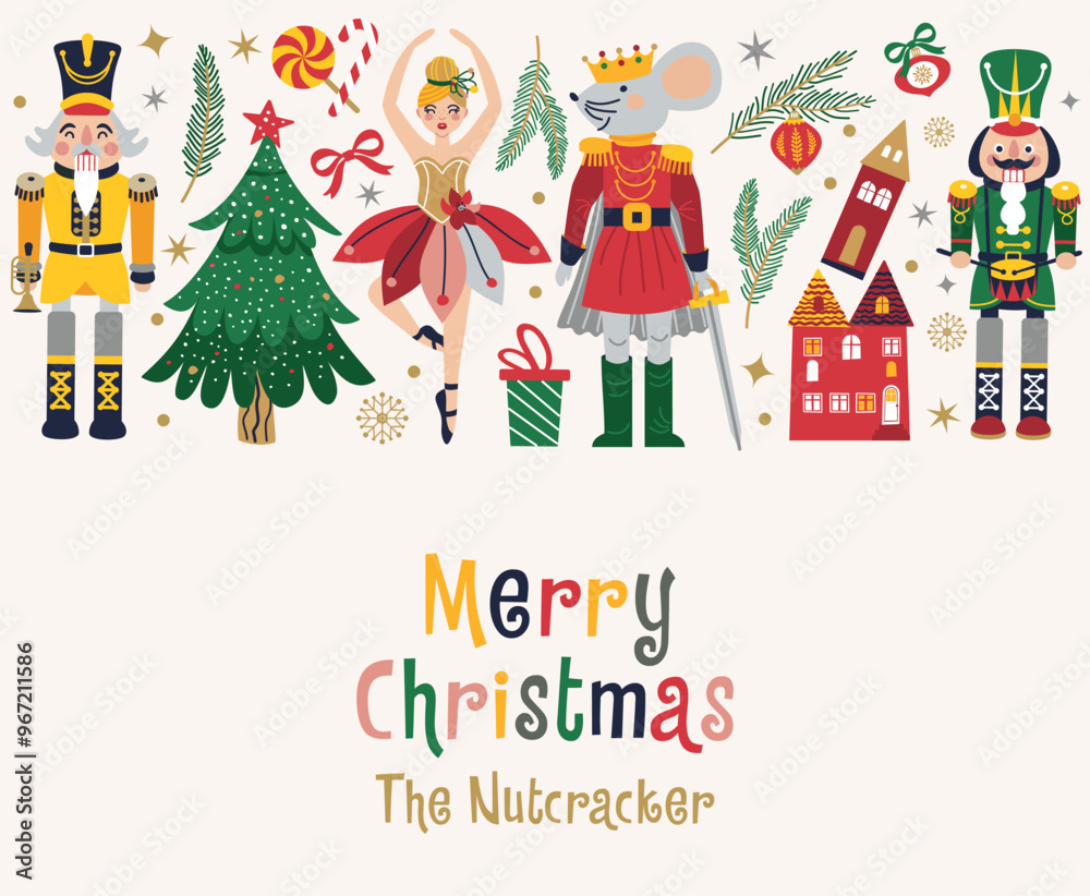 Merry Christmas, New Year set with Ballerina, Mouse King and Nutcracker. Christmas card three and toys Merry Christmas, New Year set with Ballerina, Mouse King and Nutcracker. Christmas card three and toys