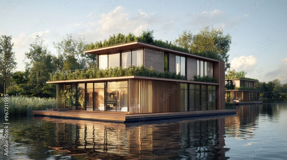 Serene Riverside Retreat with Minimalist Wooden Floating House on Calm Lake Serene Riverside Retreat with Minimalist Wooden Floating House on Calm Lake